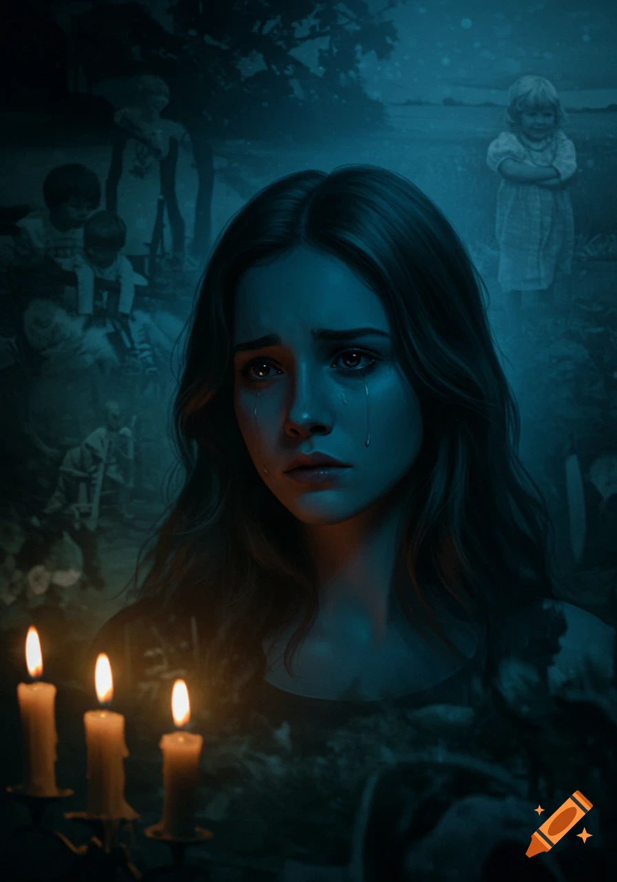 A crying woman's portrait, lit by candles, with ghostly figures of children and somber scenes in a blue, dark background.