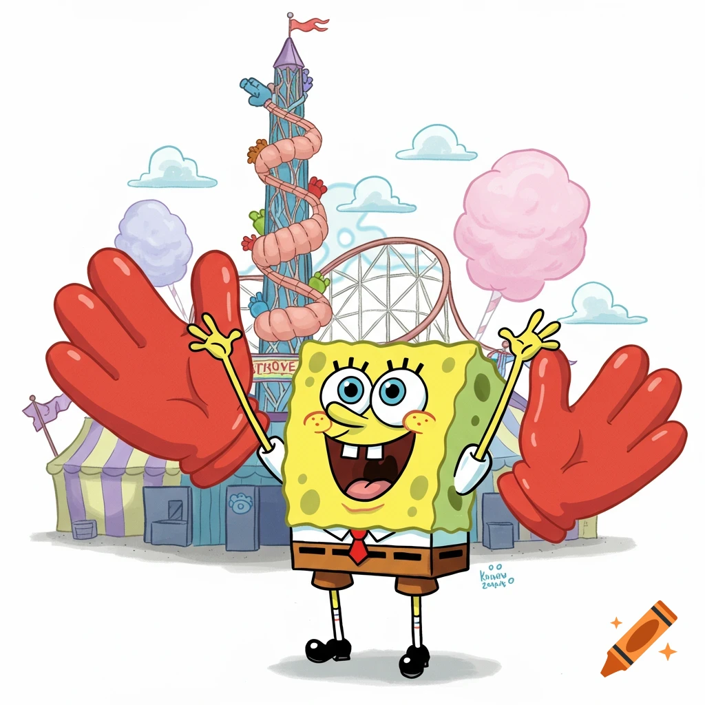 Spongebob Squarepants in oversized red novelty gloves, celebrating at a vibrant amusement park with rides and cotton candy.