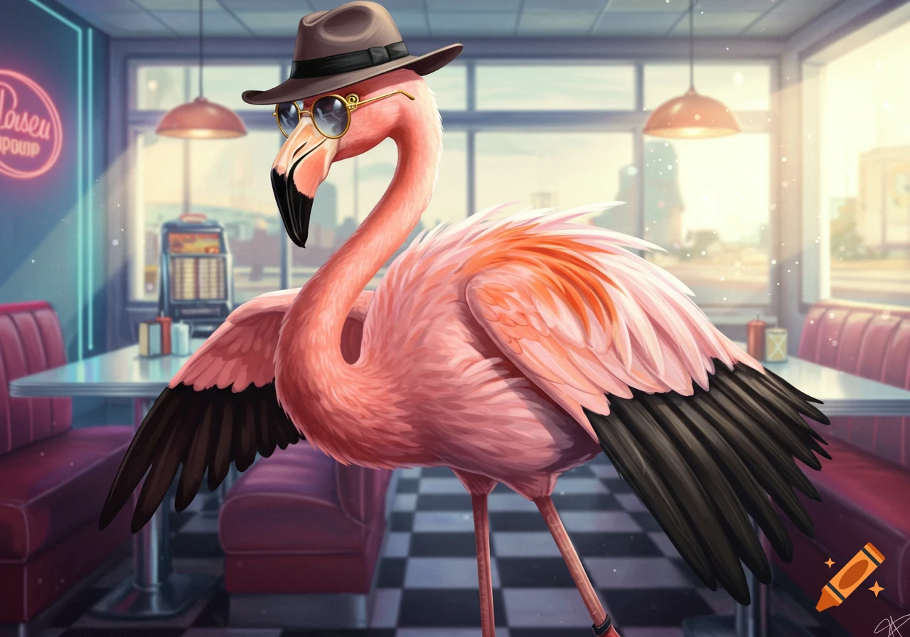 An illustrated flamingo wearing a hat and sunglasses stands in a 1950s retro diner.