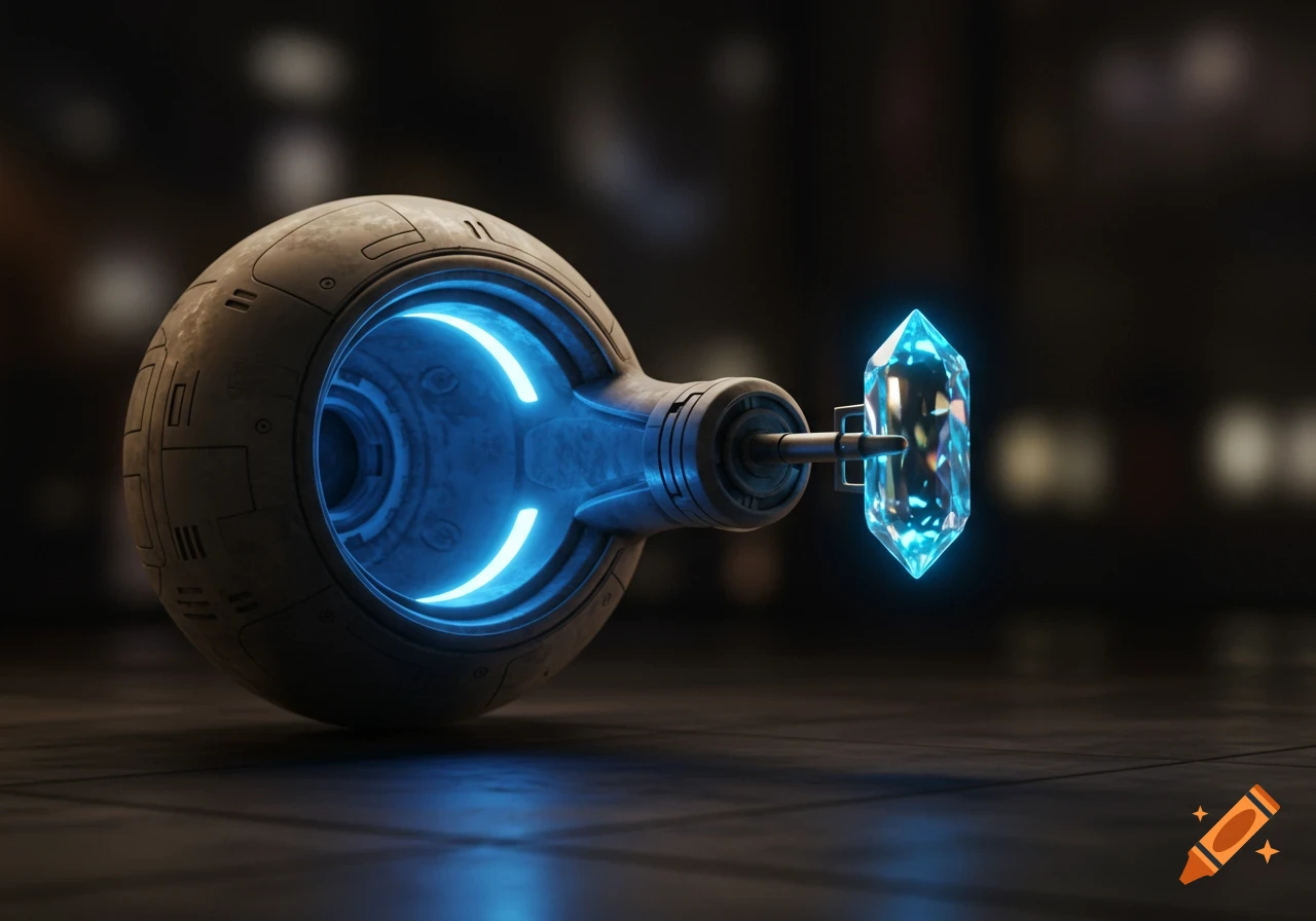 A futuristic spherical device with a blue glowing core connected to a radiant blue crystal on a dark textured surface.