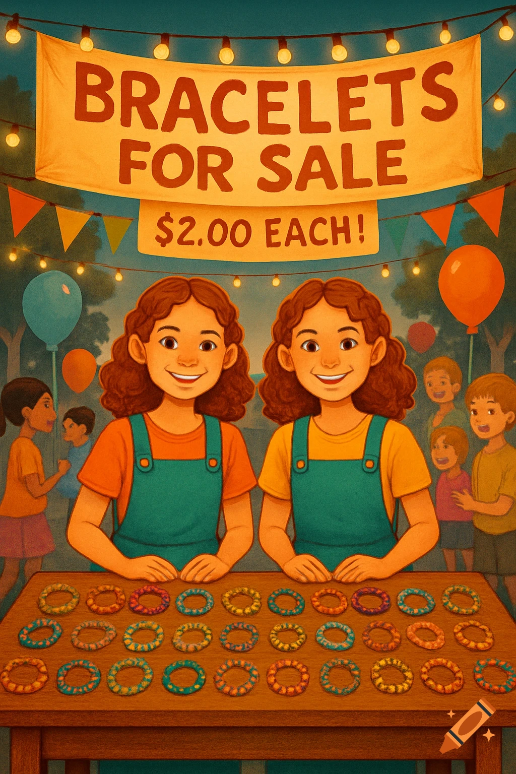 Illustration of two twin girls with curly hair smiling behind a table laden with colorful bracelets, under a banner reading 'Bracelets for Sale $2.00 Each!' at a fair.