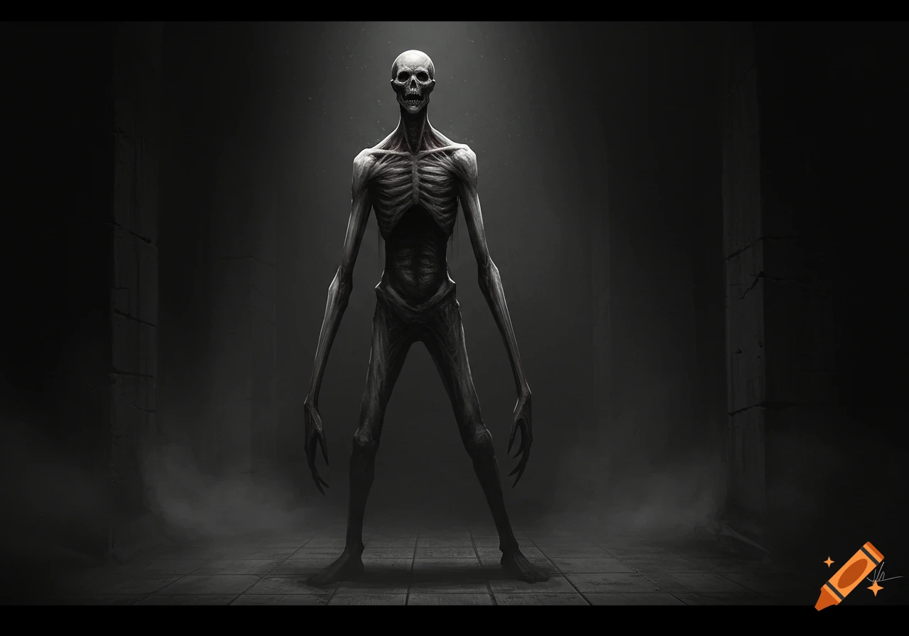 A tall, pale, very skinny skeletal monster with an open jaw stands in a dark, smoky room, illuminated by a spotlight.