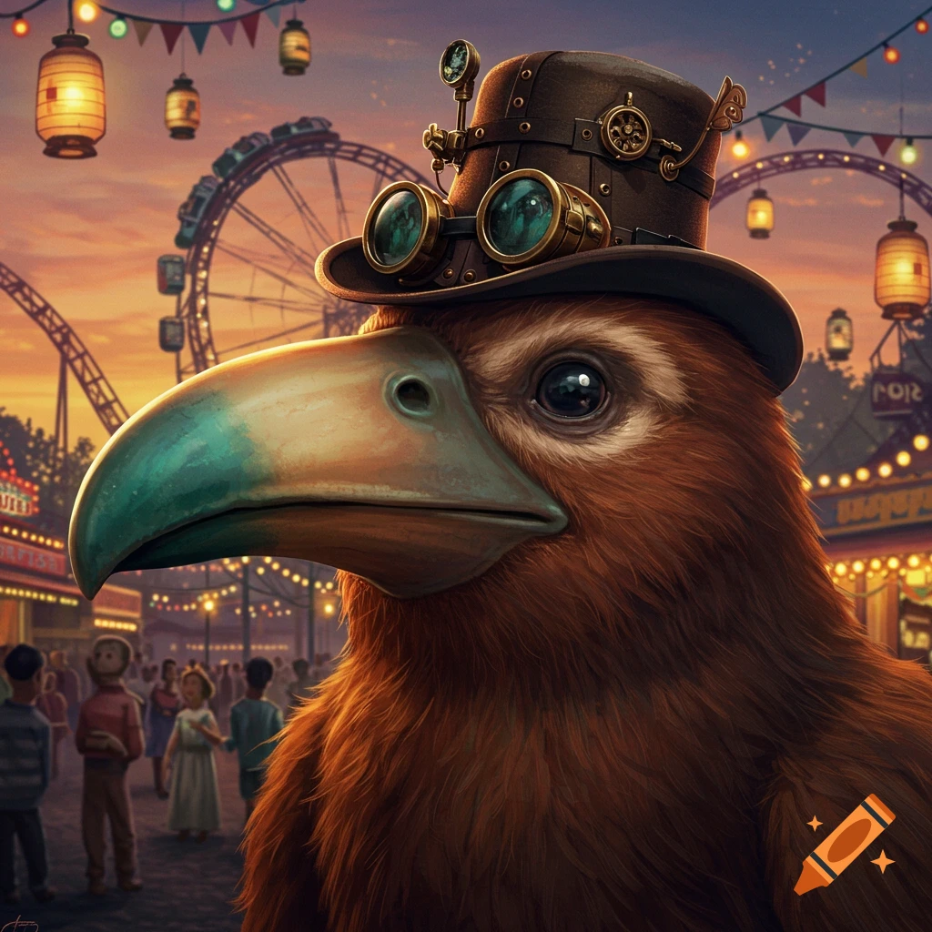 A furry, brown creature with a large, teal beak wears a steampunk top hat and goggles at a bustling carnival at sunset.