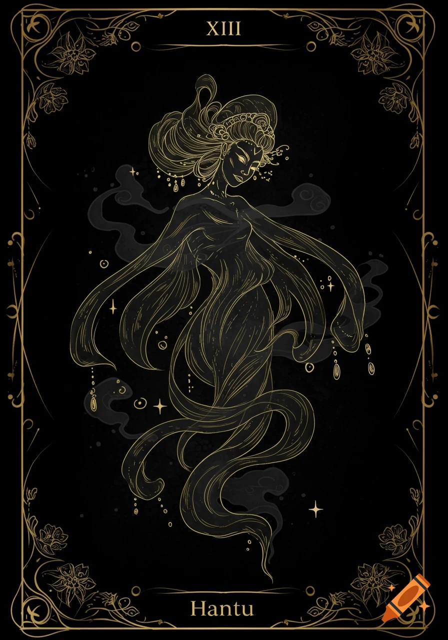 A gold linework illustration of a Hantu spirit on a black background, framed like a tarot card with 'XIII' and 'Hantu' text.