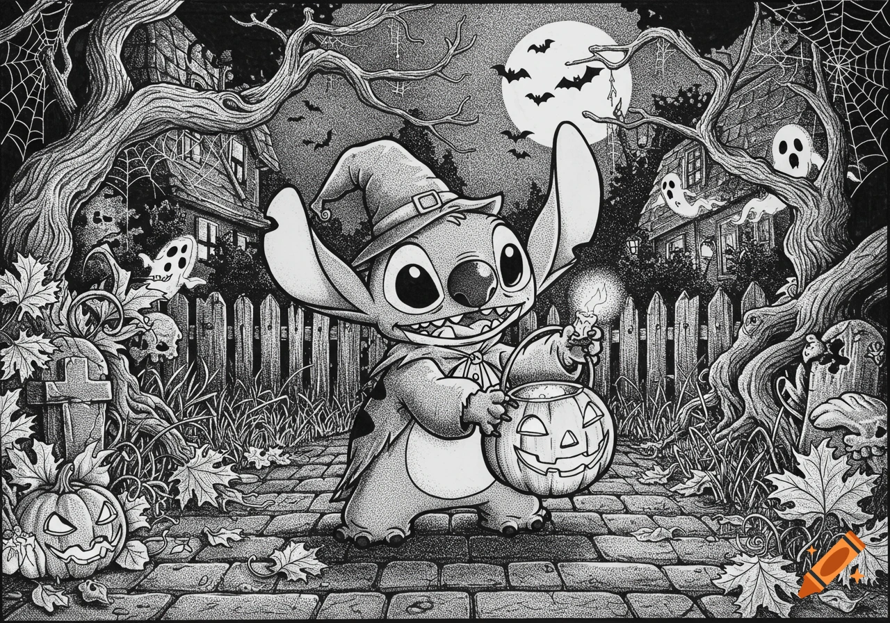 A black and white stippling drawing of Stitch as a witch, holding a jack-o'-lantern and a candle in a spooky Halloween graveyard with haunted houses and bats.