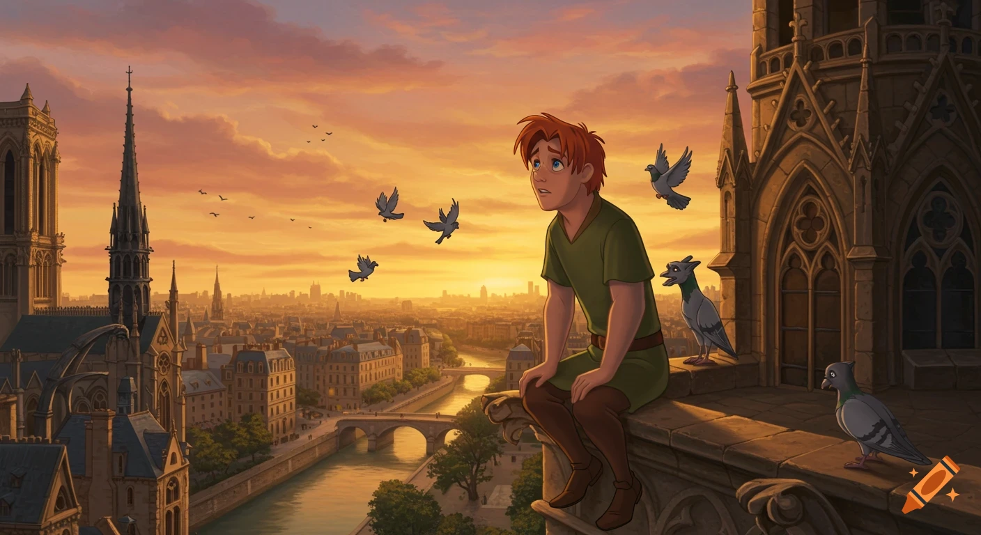 Quasimodo sits atop Notre-Dame Cathedral overlooking a detailed medieval Paris cityscape at sunset, in traditional Disney animation style.