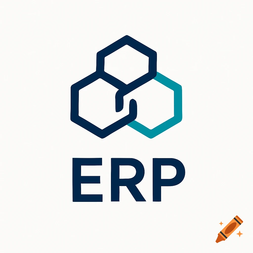 A modern logo with three interlocking hexagons in dark blue and teal above the bold dark blue text "ERP" on a white background.