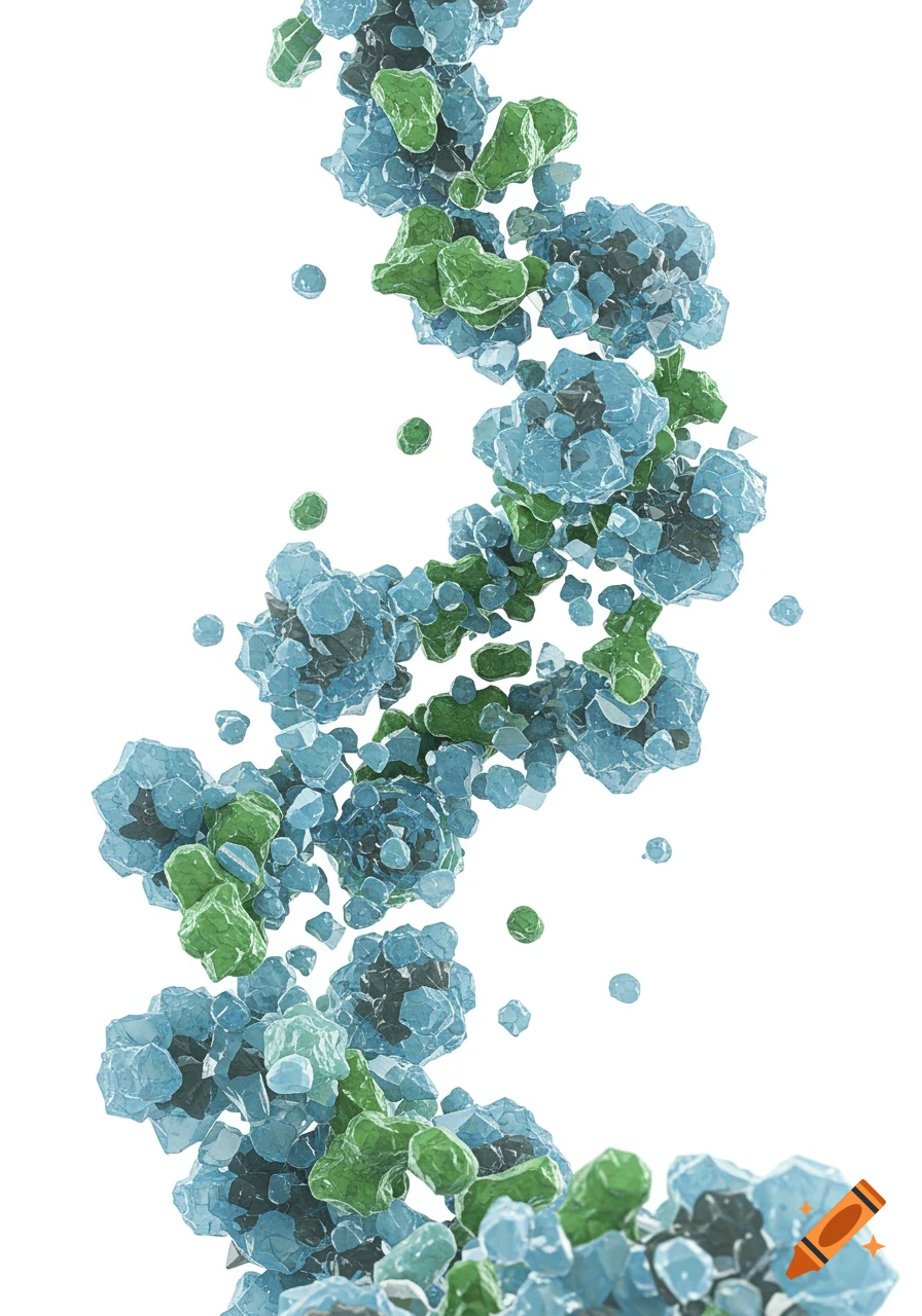 Abstract image of blue and green crystalline or organic clusters spiraling on a white background.