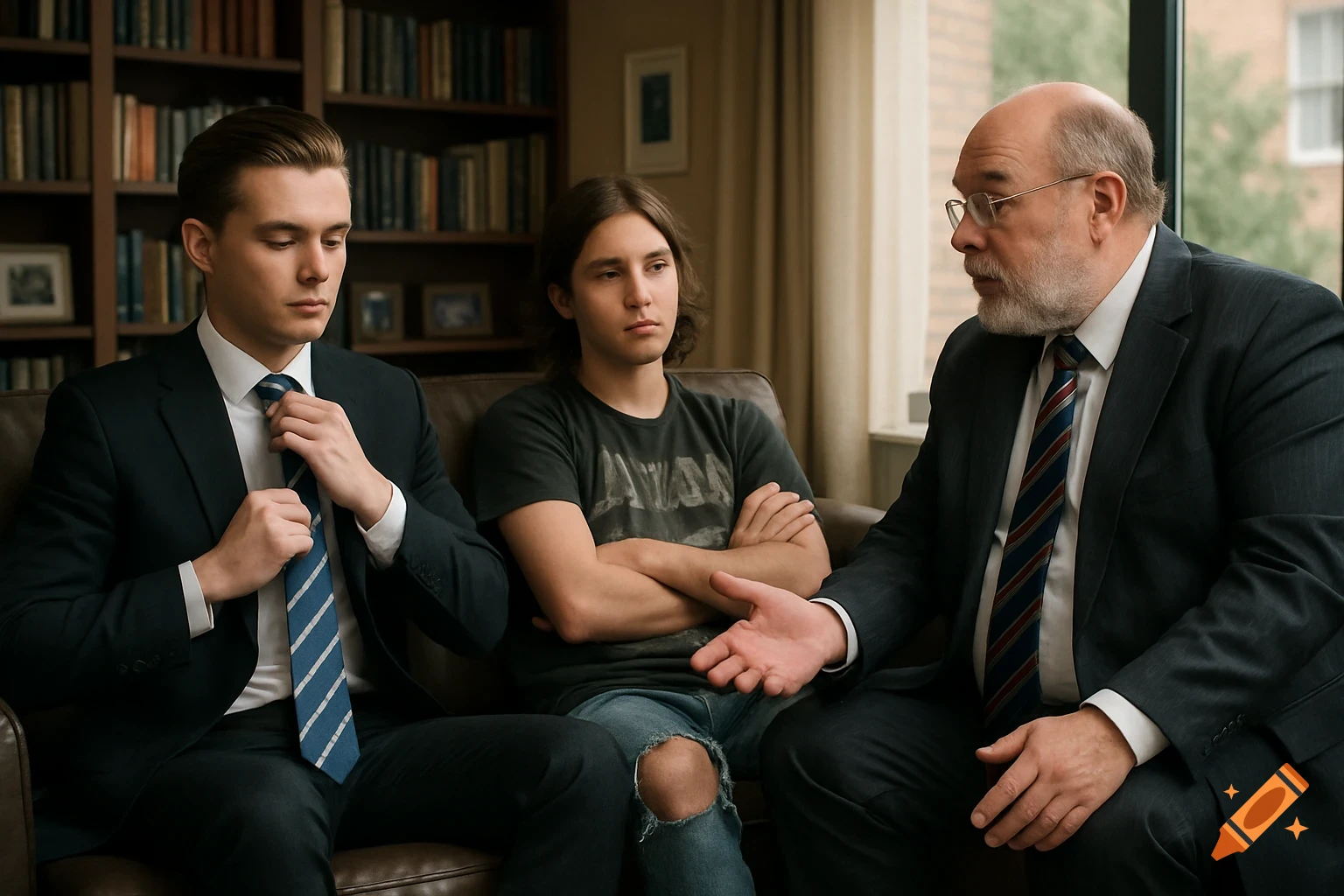 Three men sit in a living room with bookshelves. A young man in a suit adjusts his tie, a teenager in ripped jeans sits with crossed arms, and an older man in a suit gestures.