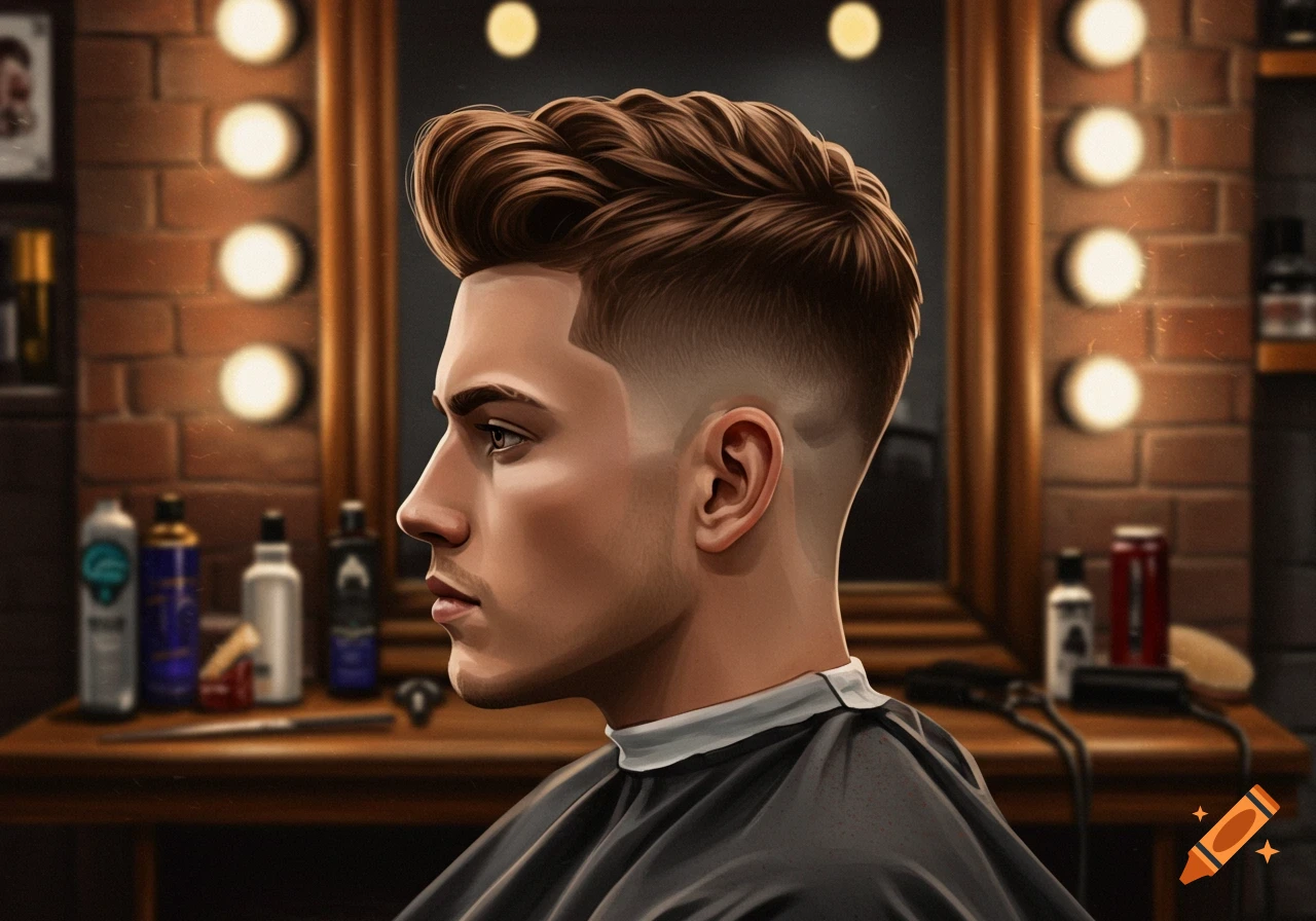 Stylized illustration of a man with a fresh medium taper fade haircut, wearing a barber cape in a barbershop.