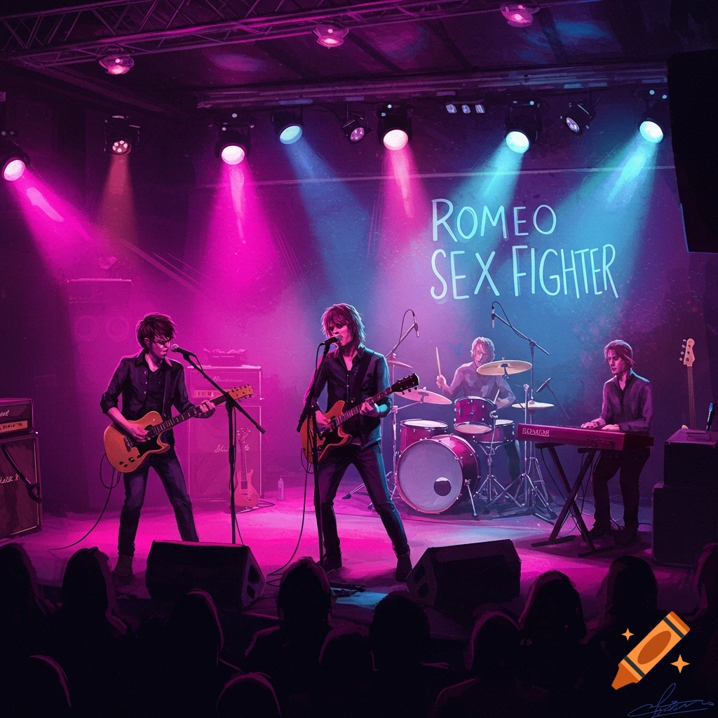A band, Romeo Sex Fighter, plays guitars, drums, and keyboard on stage under vibrant pink and blue lights.