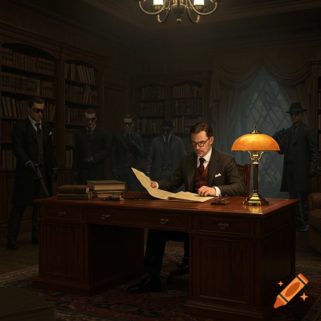 A man in a suit reads documents at a desk in a dim, wood-paneled study, with other men in suits and dark glasses standing guard. Photorealistic.