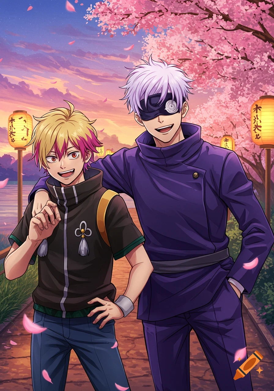Two anime men, one with blonde and pink hair, the other with white hair and a blindfold, stand together under cherry blossom trees at sunset.