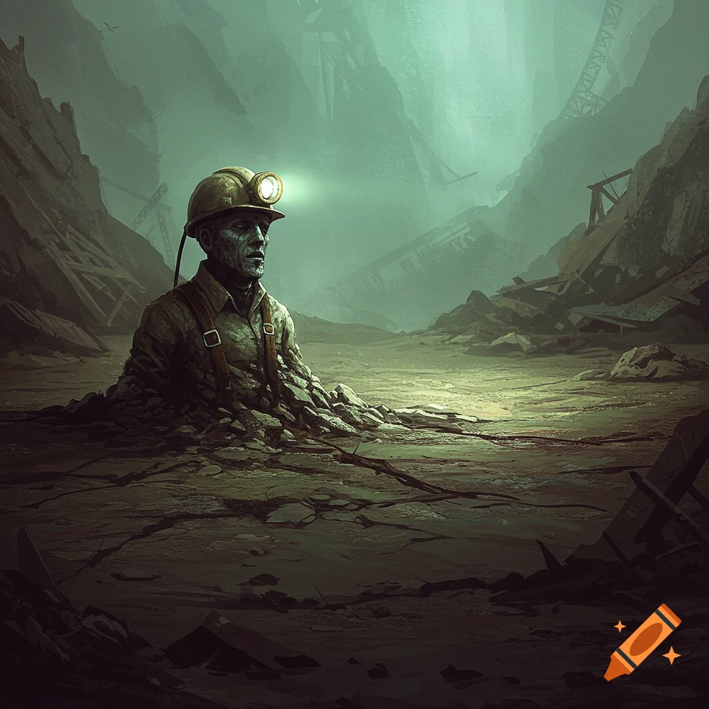 A somber miner, partially buried in a desolate, misty landscape with collapsed structures under a green sky.