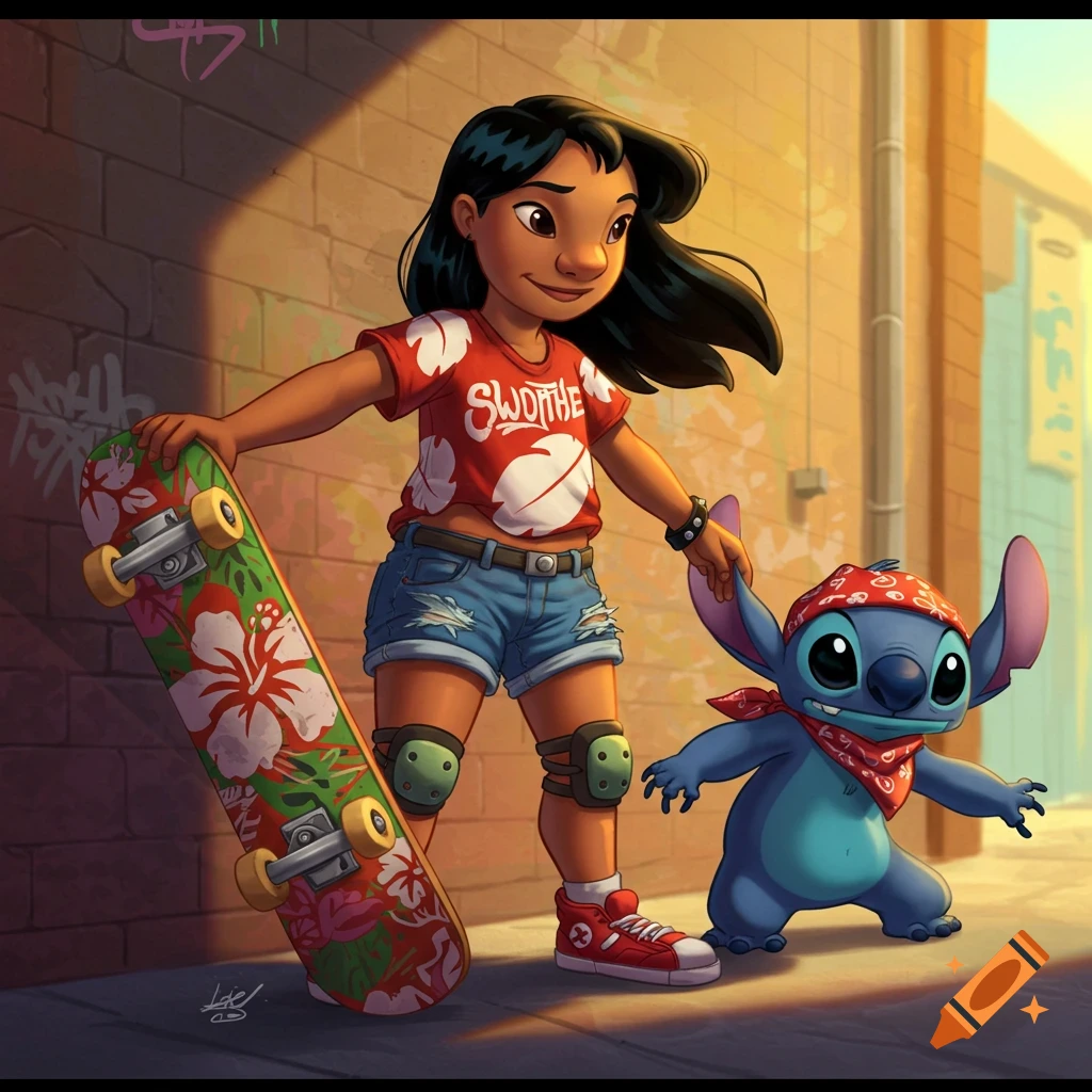 Lilo, dressed as a skater, holds a skateboard with Stitch in a red bandana beside her in an urban alleyway.