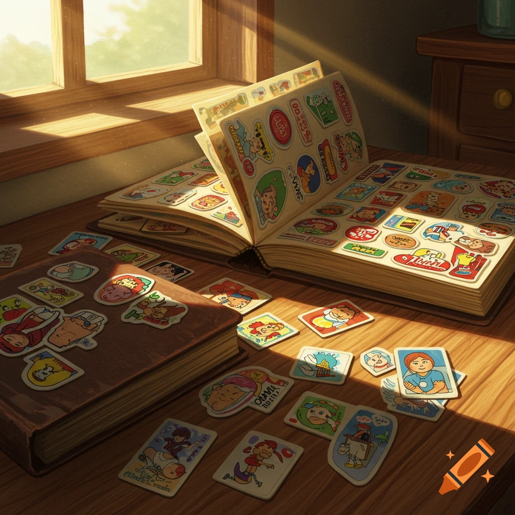 A warm, sunlit tabletop holds an open sticker album, a closed one, and many loose, colorful vintage-style stickers.