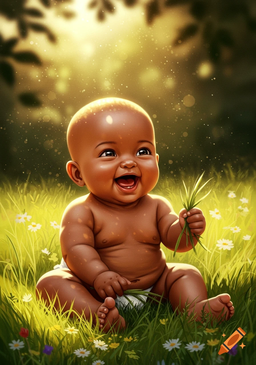 A happy bald brown-skinned baby sits in sunny green grass among white flowers, holding a small bunch of grass.