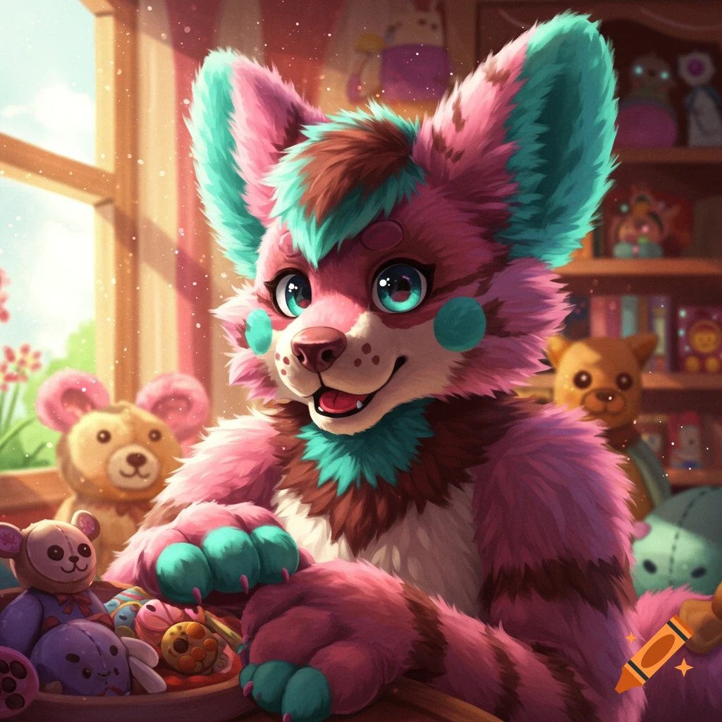 A cute pink, brown, and teal furry character smiles, surrounded by stuffed toys in a colorful, bright room.