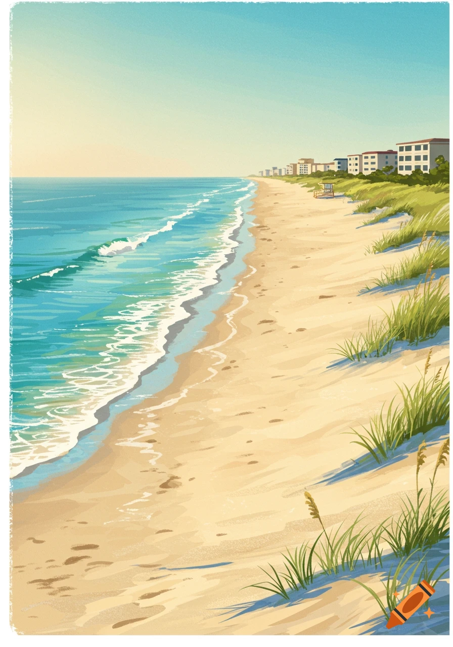Stylized illustration of a sandy beach with turquoise waves, green dunes, buildings, and a lifeguard stand under a clear sky.