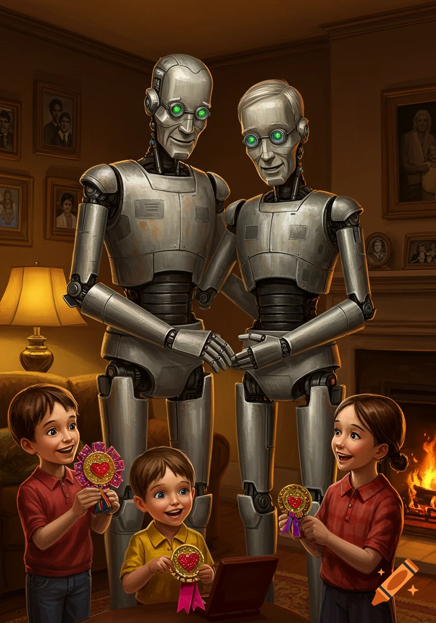 Two smiling robot grandparents and three happy human grandchildren with heart awards in a warm living room, illustration style.