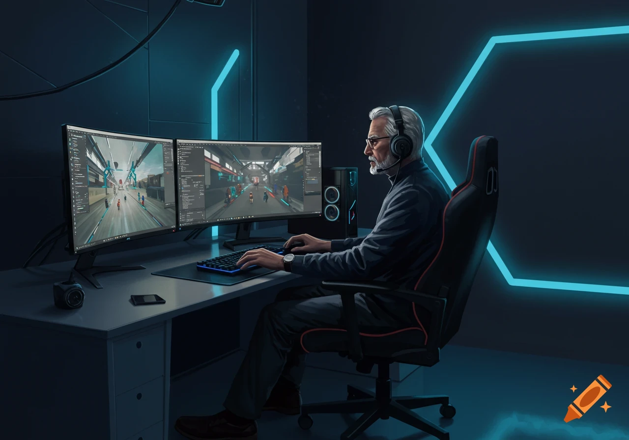 An elderly man with a gray beard and headphones sits in a gaming chair, playing on a dual-monitor setup in a neon-lit room.