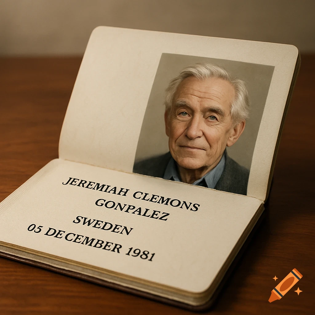 An open passport displaying a photo of an elderly man and personal details including a misspelled name and birth date.