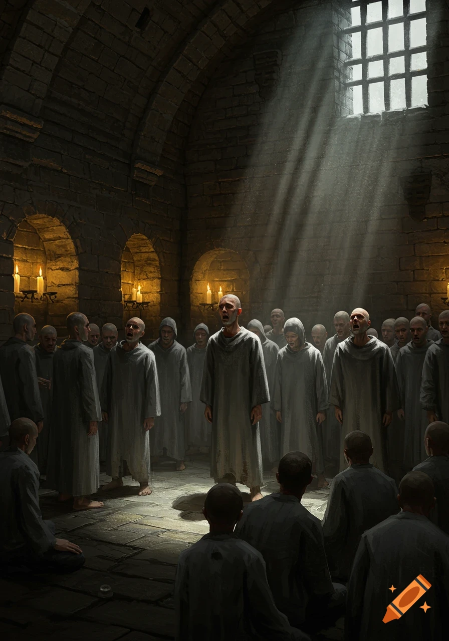 A somber group of bald men in drab robes sing or lament in a dark, stone chamber, lit by candles and sunlight from a barred window.