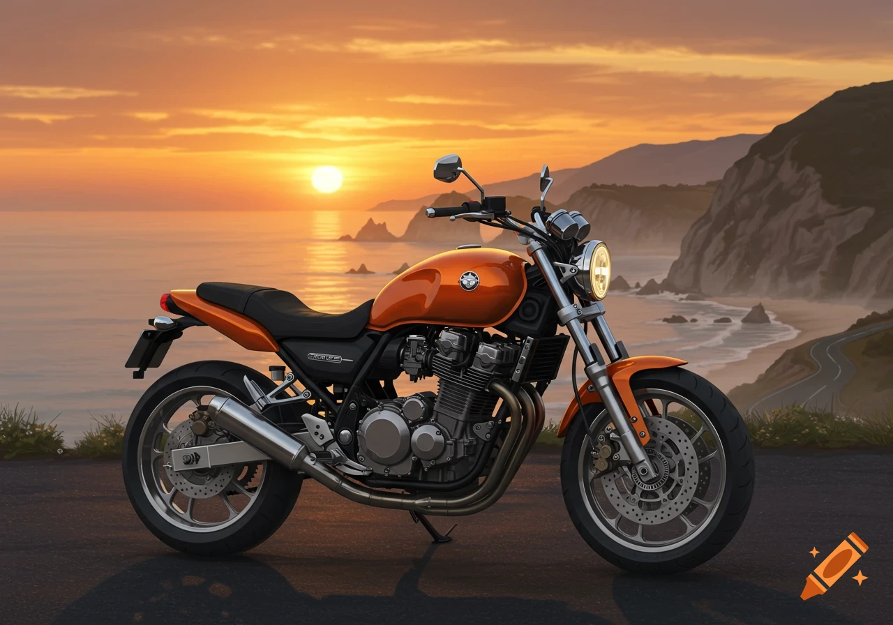 An orange and black motorcycle is parked on a coastal road at sunset, with the sun low over the ocean and mountains in the distance.