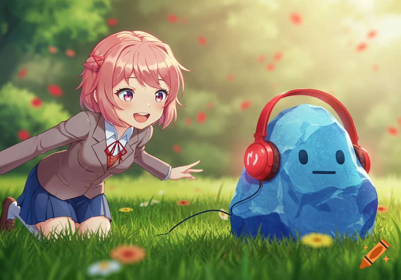 An anime girl with pink hair in a school uniform kneels in a sunny grassy field, reaching towards a blue rock creature wearing red headphones.