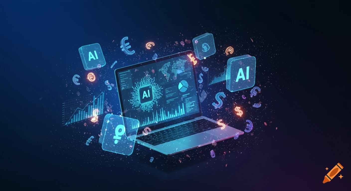A futuristic digital illustration of a laptop displaying data, surrounded by glowing AI icons, charts, and money symbols.
