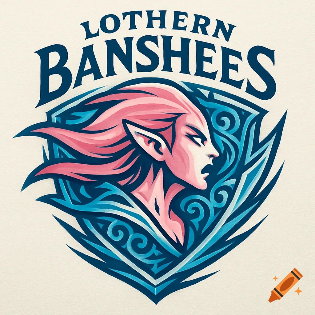 Stylized sports logo for Lothern Banshees, featuring a pink-haired elf head within a blue and white shield emblem.