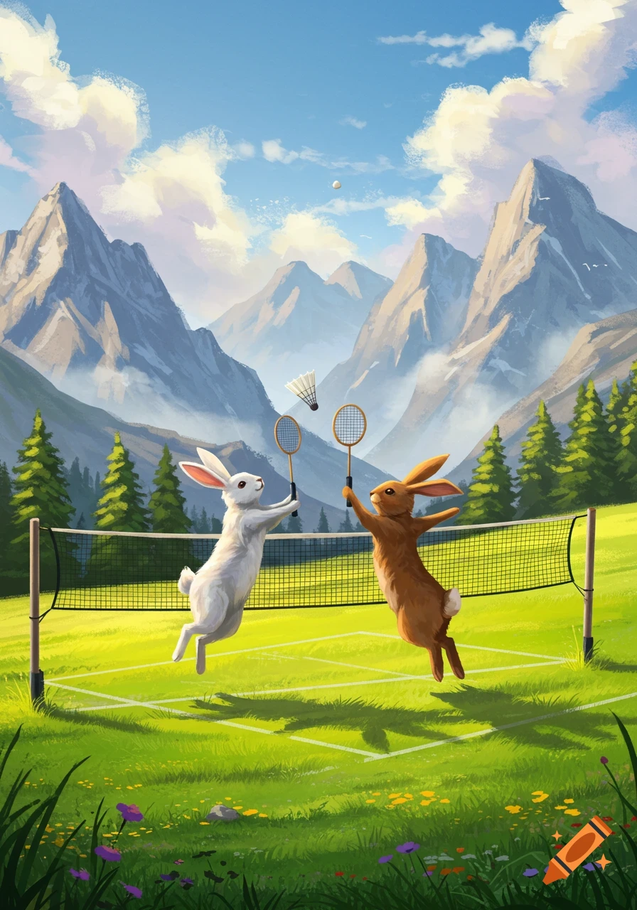 A white rabbit and a brown rabbit jump to play badminton on a grassy court with mountains in the background, illustration.