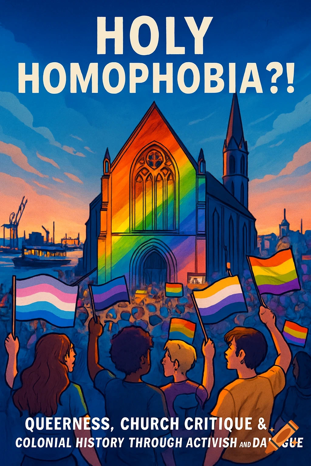 A vibrant poster showing a diverse crowd holding LGBTQ+ flags in front of a church, with a harbor in the background. The church is bathed in rainbow colors. Text at the top reads "HOLY HOMOPHOBIA?!" and at the bottom: "QUEERNESS, CHURCH CRITIQUE & COLONIAL HISTORY THROUGH ACTIVISH AND DIALOGUE"