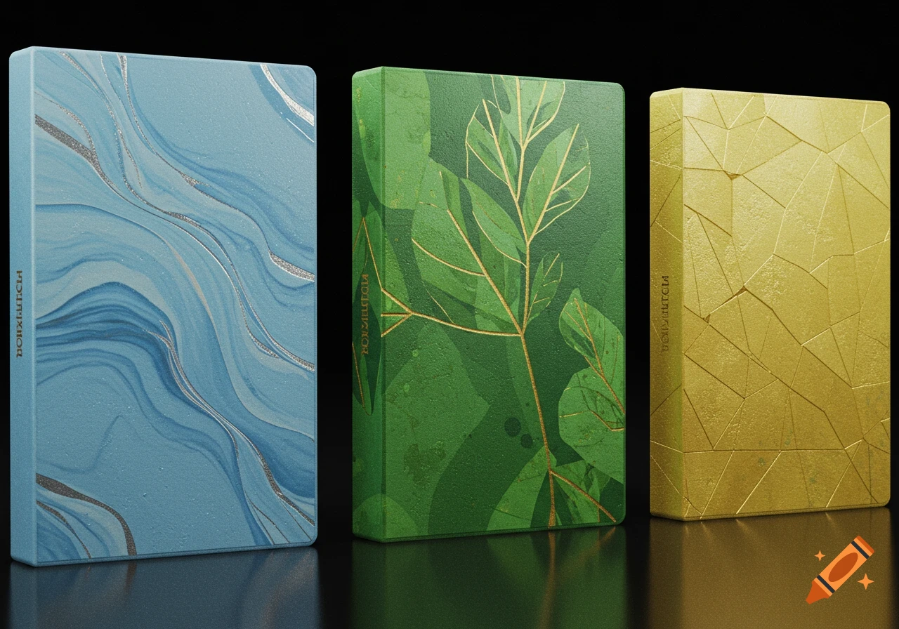 Three decorative cases, from left to right: light blue with silver swirls, green with golden leaves, and yellow with a geometric texture, all on a dark reflective surface.