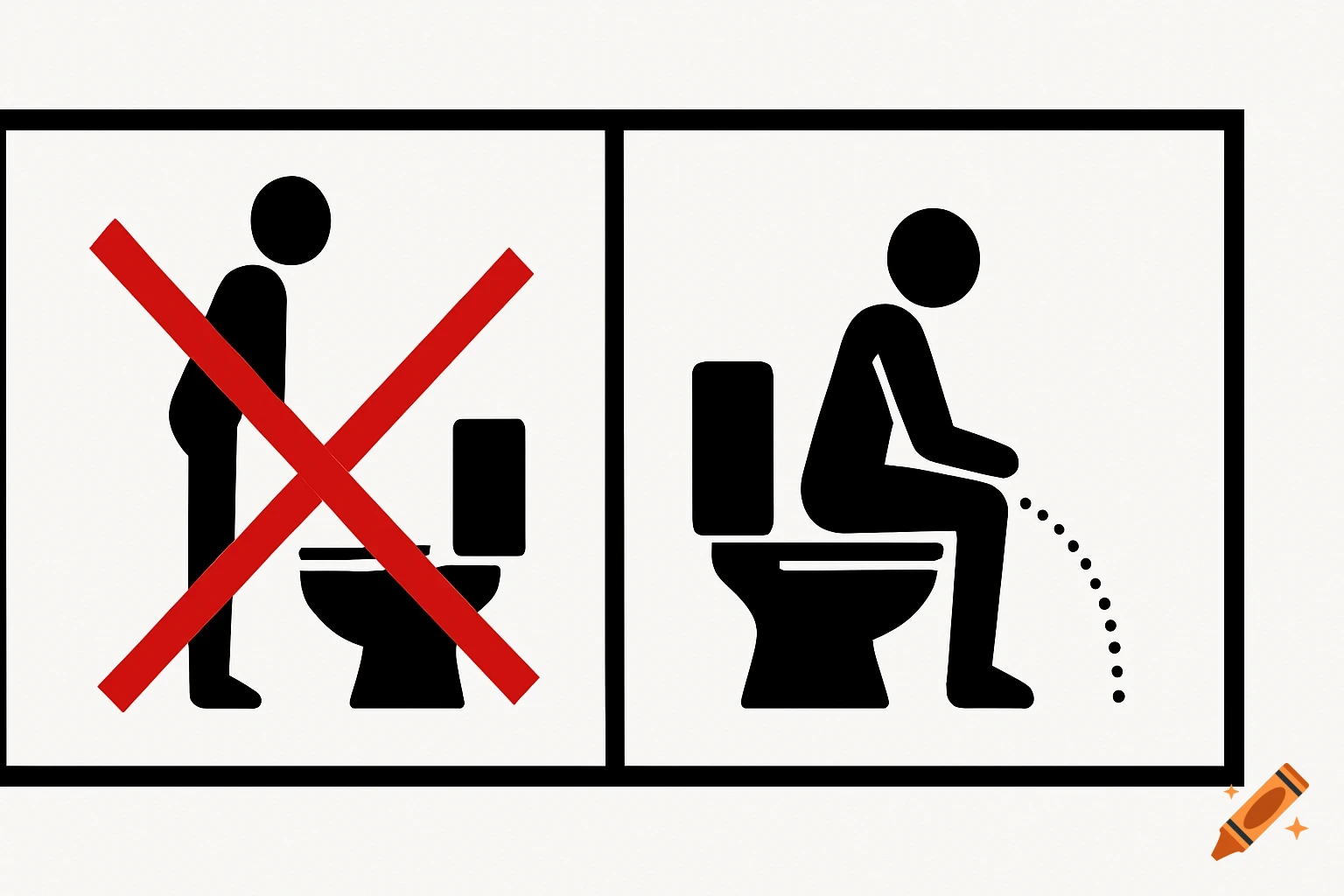 A black and white pictogram bathroom sign showing a crossed-out standing figure next to a toilet, and a sitting figure correctly using a toilet.
