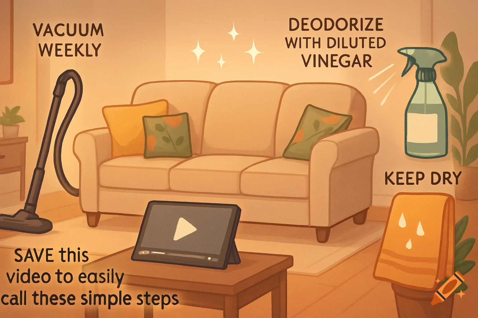 Cartoon illustration of a living room with a couch, vacuum, spray bottle, and towel, featuring text-based cleaning tips for the couch.