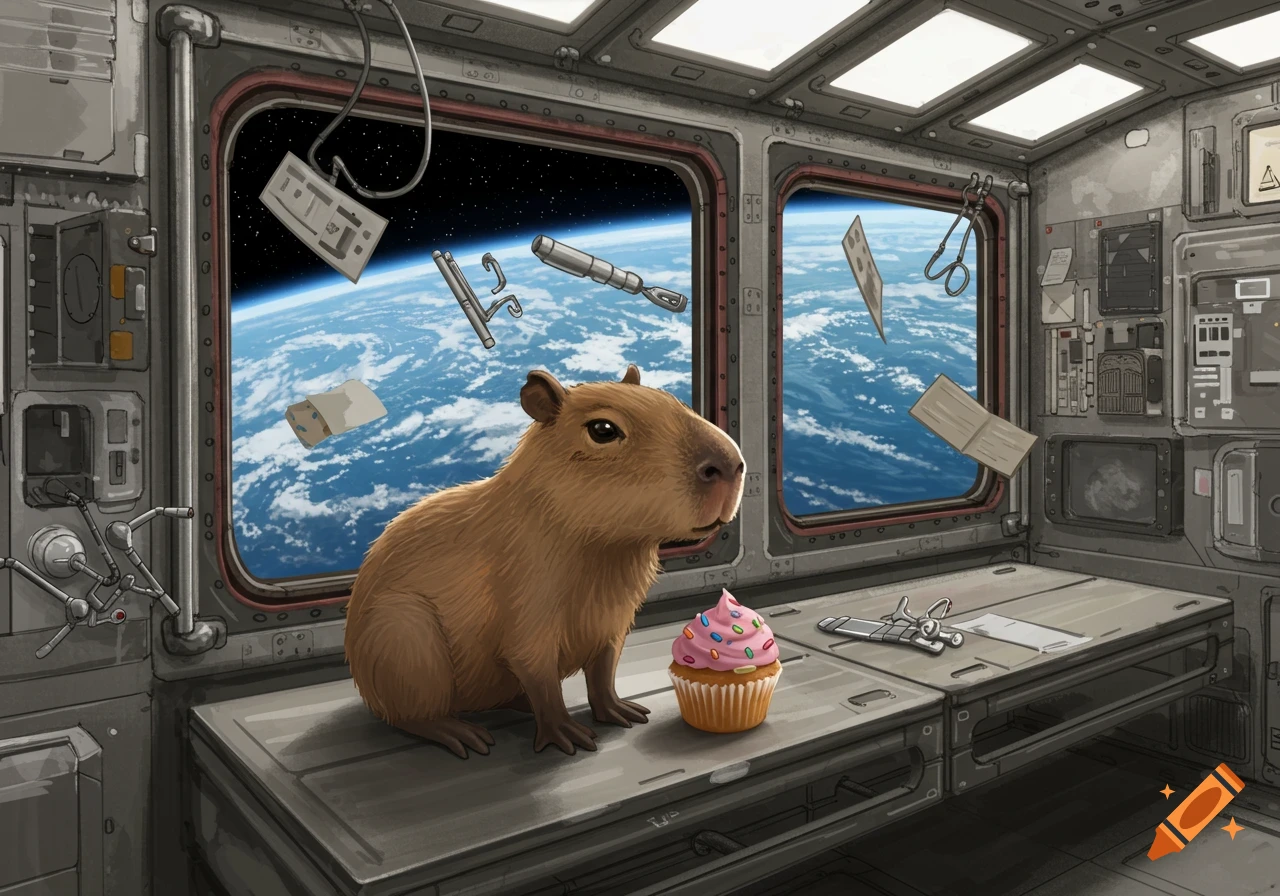 A capybara sits next to a cupcake inside a space station, with Earth visible outside the windows.