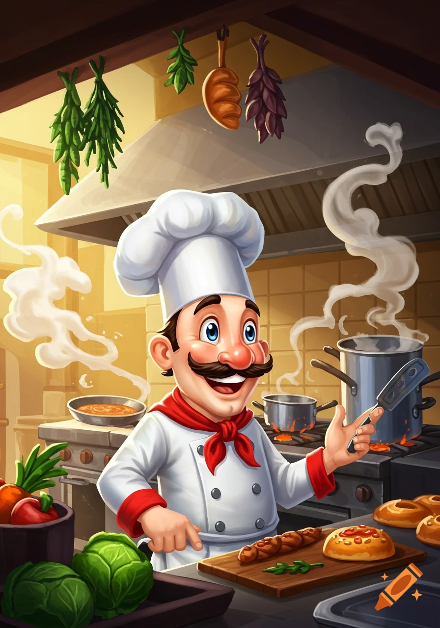 A happy cartoon chef in a kitchen holds a spatula while cooking on a stove with ingredients on the counter.