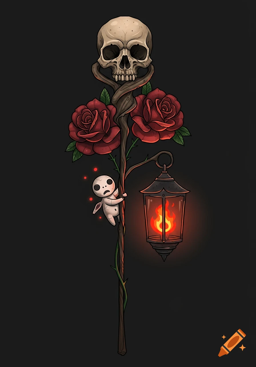 A stylized staff with a skull on top, two red roses, a small Kodama creature, and a lantern with a glowing flame.