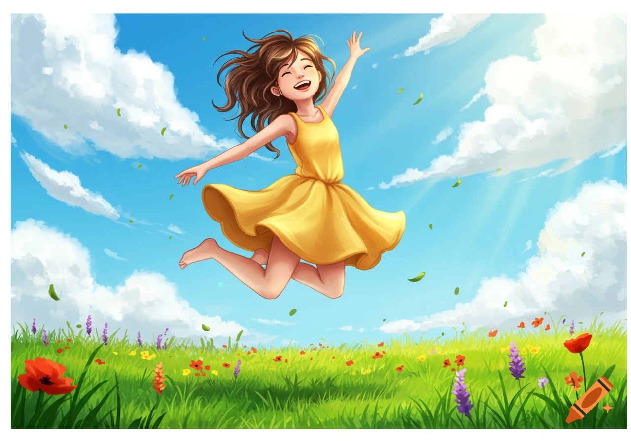 A happy cartoon girl in a yellow dress jumps high in a vibrant field of colorful flowers under a bright blue sky.