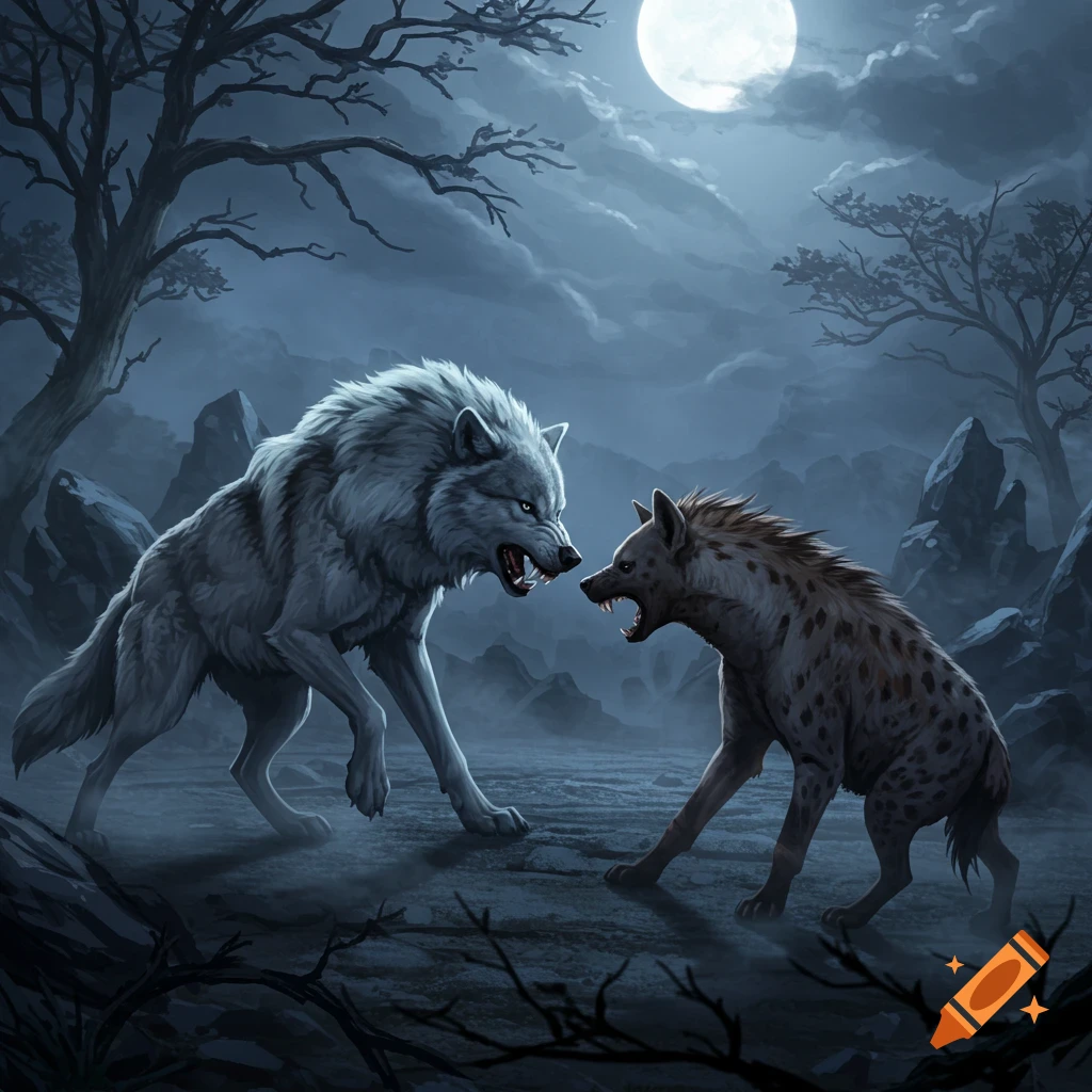 A white wolf and a spotted hyena snarl at each other under a full moon in a dark, atmospheric landscape, in a fantasy art style.