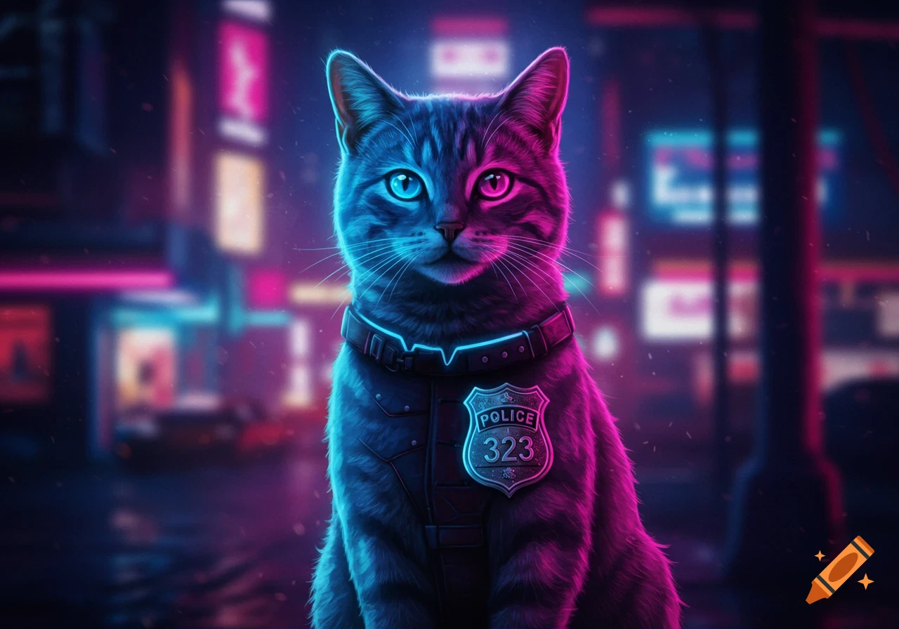 A gray cat with blue and pink neon lighting on its fur and eyes, wearing a glowing police badge in a rainy city at night.