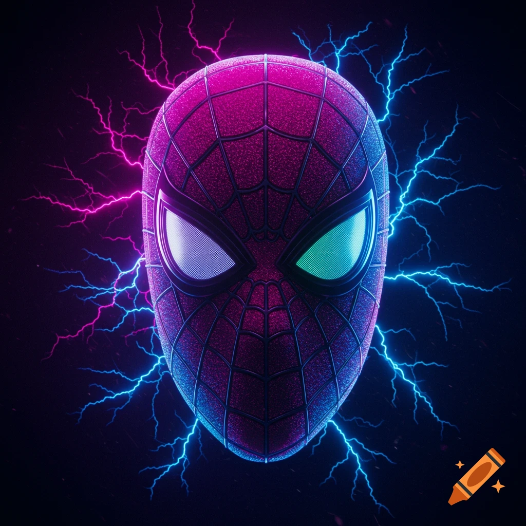 A close-up of a neon-lit Spider-Man mask, half magenta and half blue, surrounded by matching lightning on a dark background.