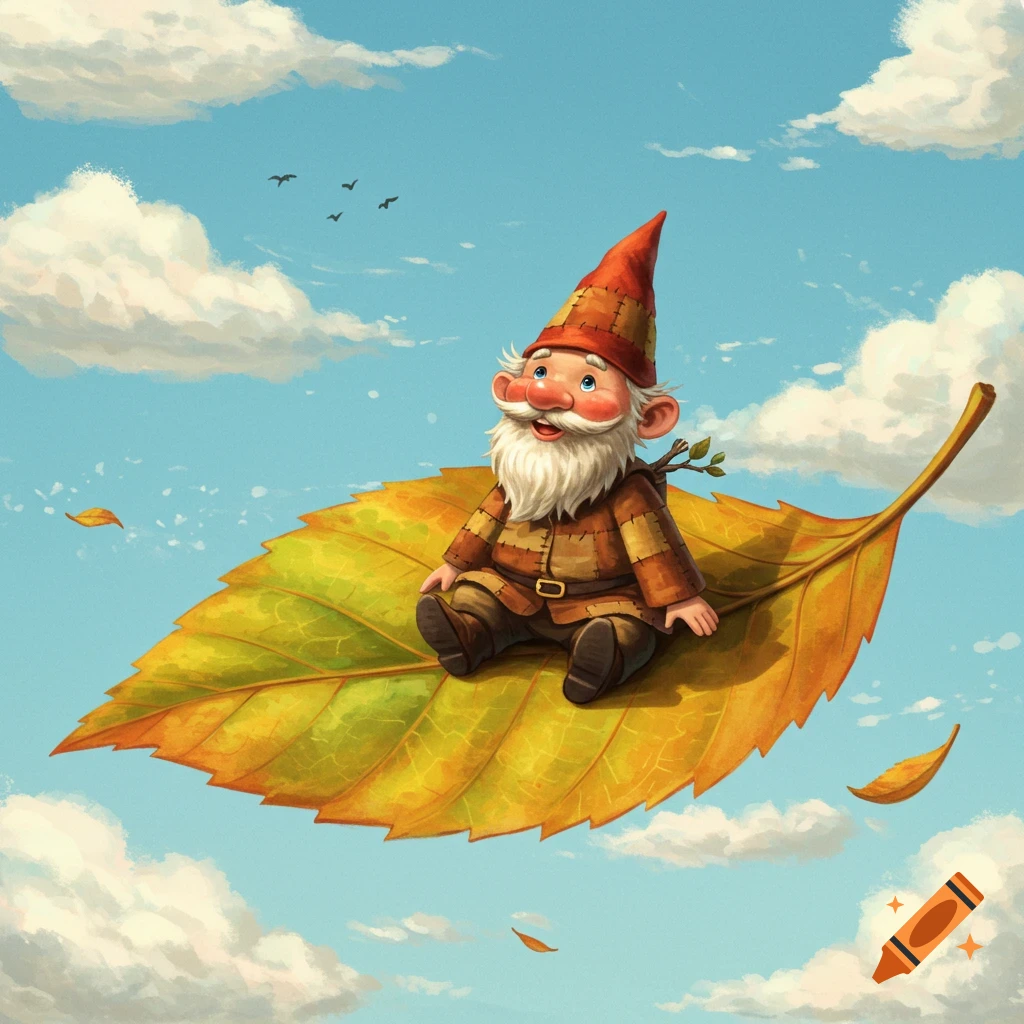 A cheerful bearded gnome in a patchwork hat and clothes flies through a blue sky on a large, vibrant autumn leaf.