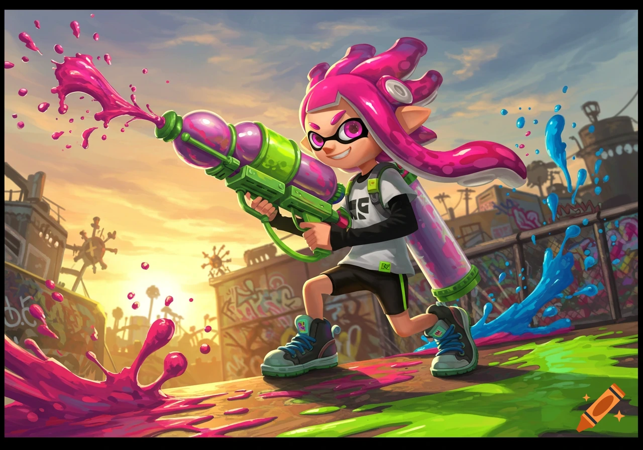 A vibrant Splatoon character with pink tentacles and goggles wields a large purple and green ink blaster, shooting pink ink in a graffiti-covered urban environment at sunset.
