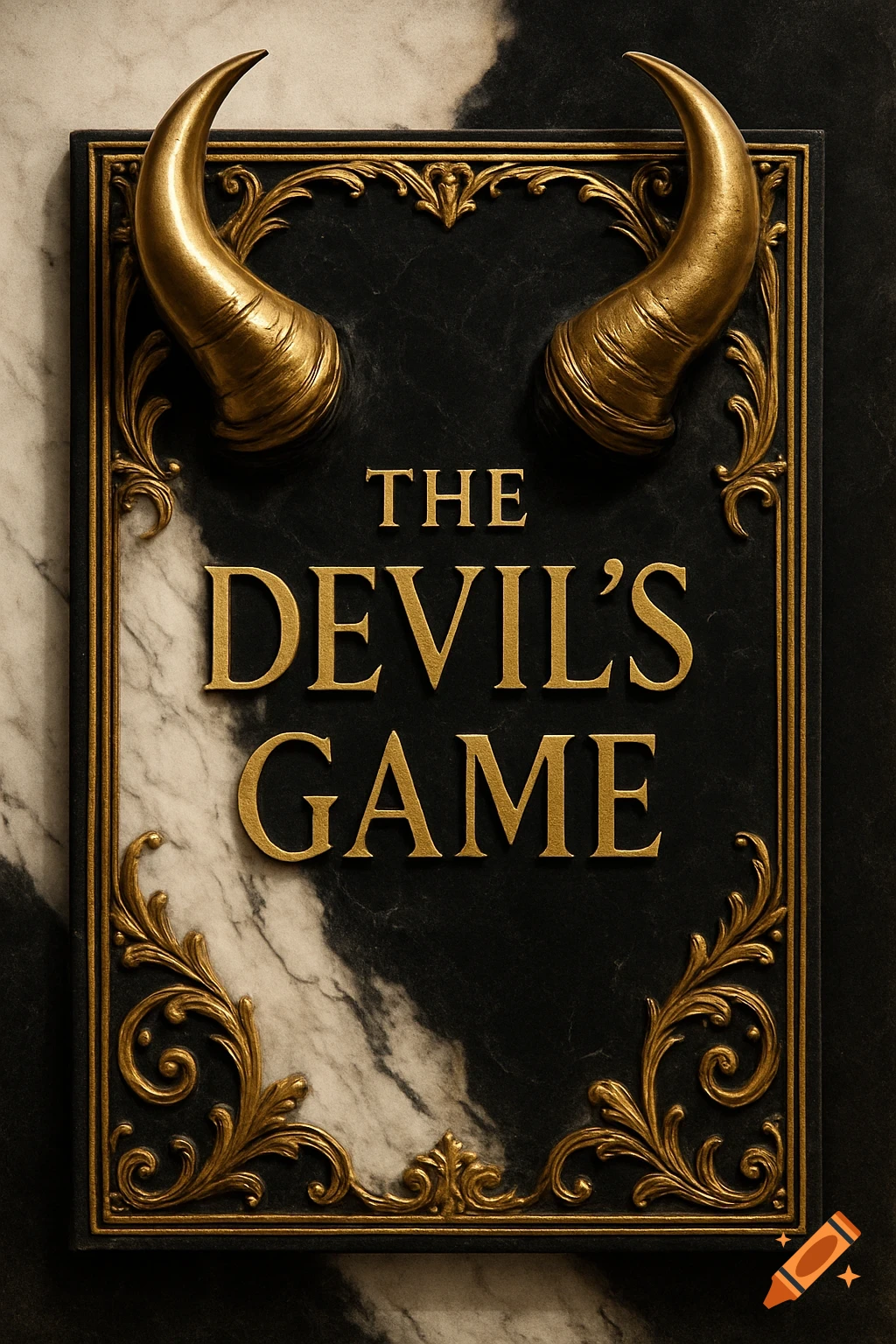 A black and white marble book cover with ornate gold trim and devil horns, titled "THE DEVIL'S GAME" in gold lettering.