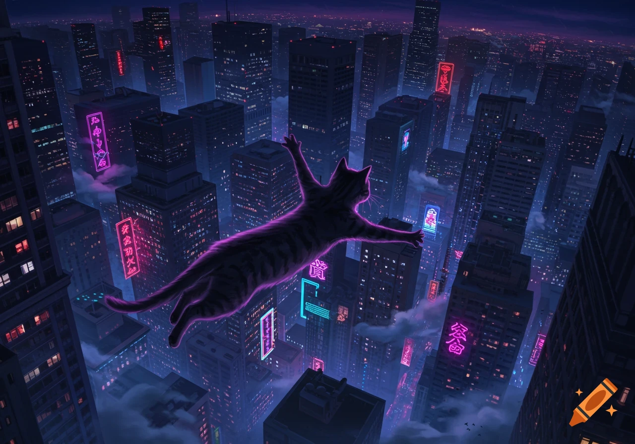A glowing purple outline cat flies through a futuristic cyberpunk city at night, with numerous neon-lit skyscrapers.
