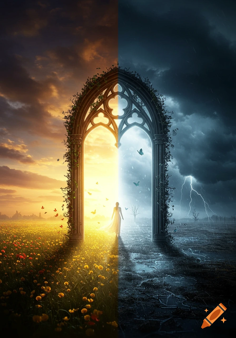 A woman walks through a gothic archway, splitting a sunny field with butterflies from a stormy, dark landscape with lightning.