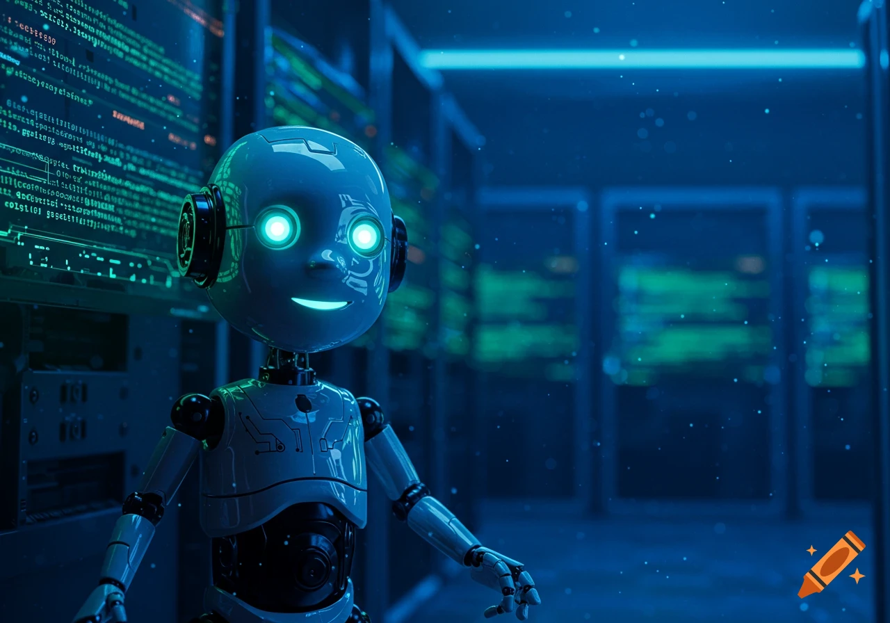A cute, smiling robot with glowing eyes stands in a futuristic blue data center with screens displaying code.