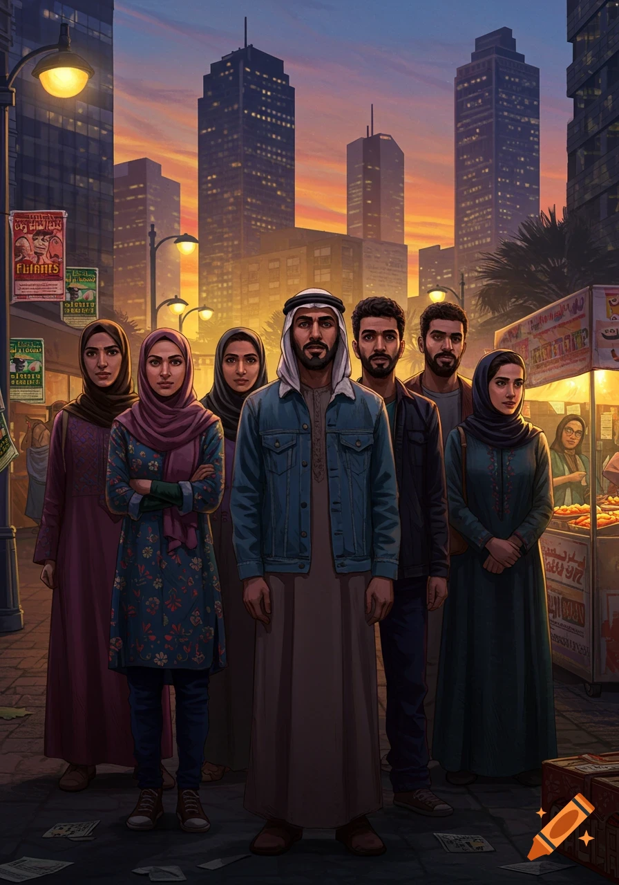 A group of Arab people stand on a city street at sunset, with buildings and market stalls, in a digital art style.